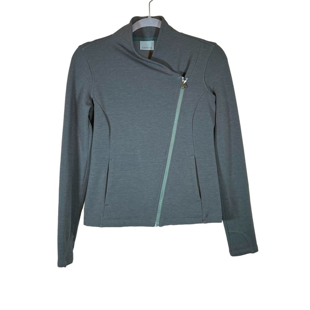 Athleta Soft Moto Jacket Zip Up Size XS Green/Grayish Fleece Lined Double Knit
